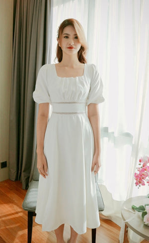 Square Neck Detailed Waist Flare Dress WHITE (SM)