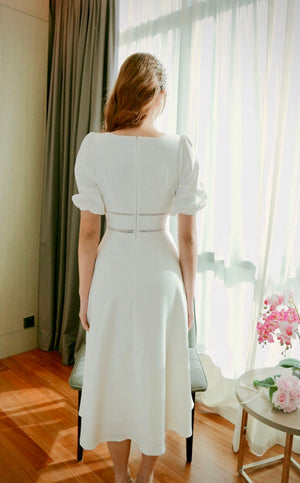 Square Neck Detailed Waist Flare Dress WHITE (SM)