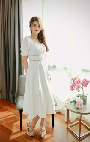 Square Neck Detailed Waist Flare Dress WHITE (SM)