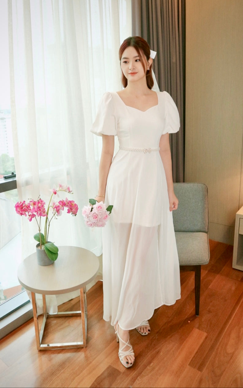 Sweetheart Puffy Sleeve Maxi Dress WHITE (M)