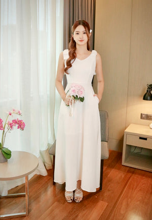 V Ribbon Design Maxi Dress (L)