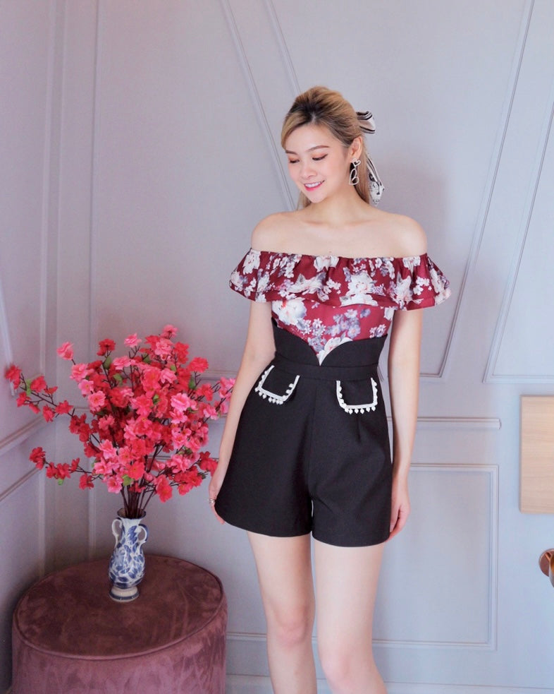 Floral ruffles 2 way romper MAROON (S ONLY)