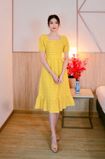 Square Neck Pleats Eyelet Flare Dress YELLOW/ CHERRY RED (S ONLY)