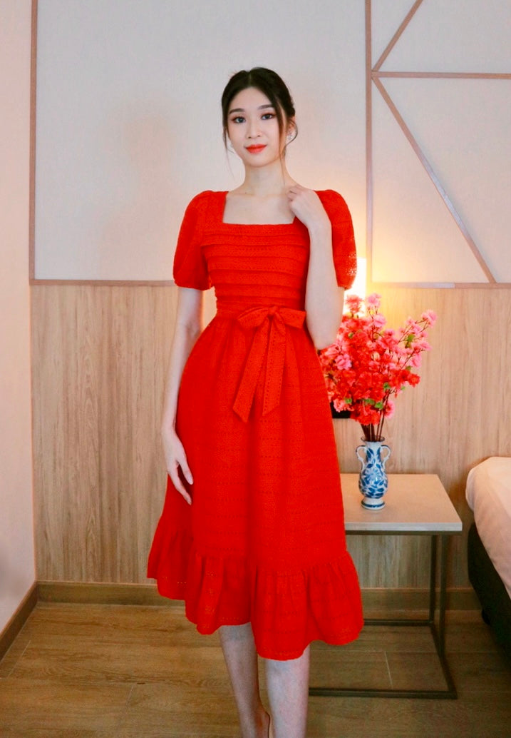 Square Neck Pleats Eyelet Flare Dress CHERRY RED (S ONLY) Sweet & Classy Co. Square Neck Pleats Eyelet Flare Dress CHERRY RED (S ONLY) Sweet & Classy Co.