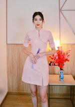 Crochet Lace Oriental Slit Dress PINK FLORAL/ PEACH PINK (SM)