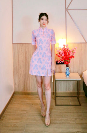 Crochet Lace Oriental Slit Dress PINK FLORAL/ PEACH PINK (SM)
