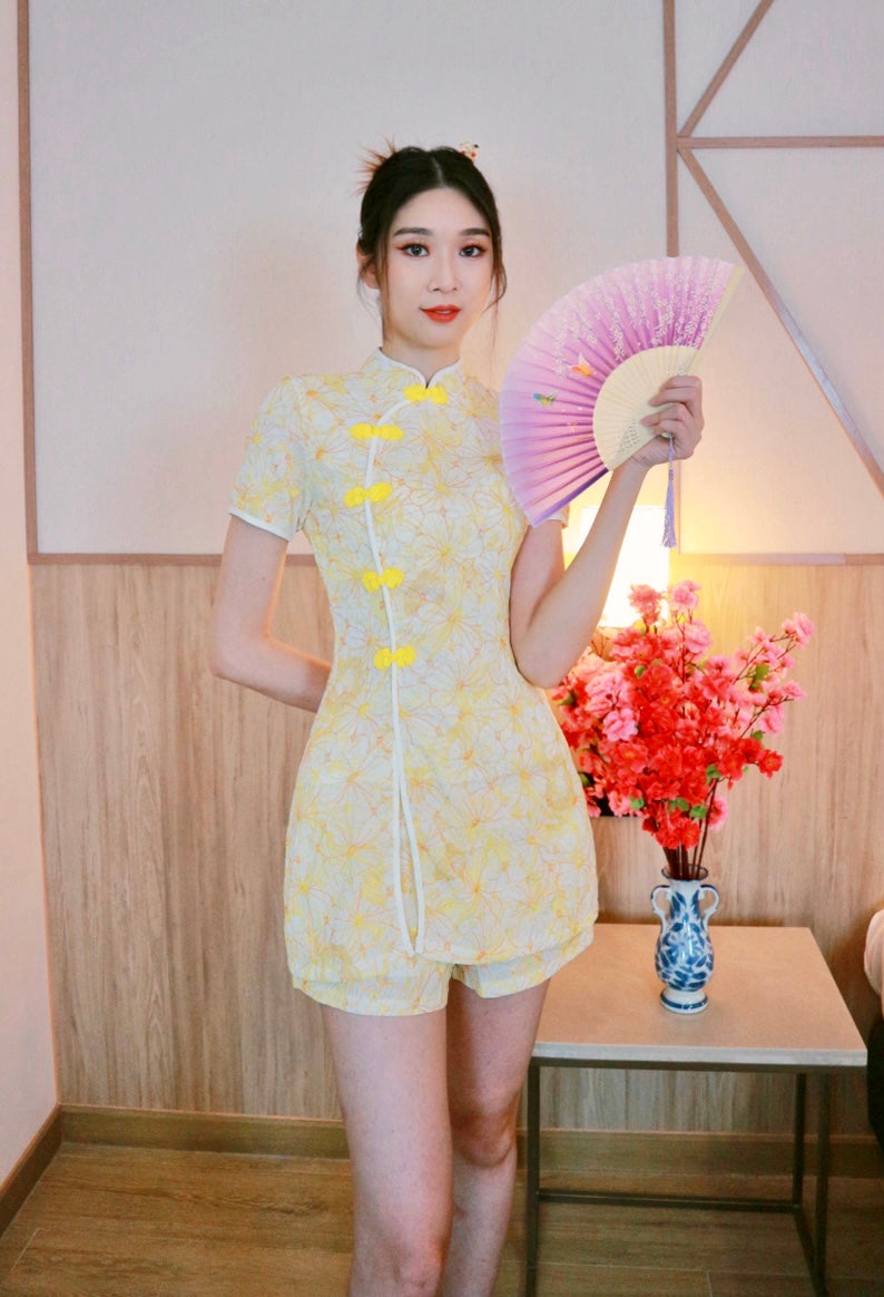 Floral Embroidery Lace Cotton Oriental Set YELLOW/ PINK/ BLUE (S-XL)