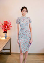 Floral Embroidery Pearl Oriental Midi Dress WHITE/ POWDER BLUE (S ONLY)