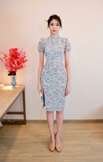 Floral Embroidery Pearl Oriental Midi Dress WHITE/ POWDER BLUE (S ONLY)
