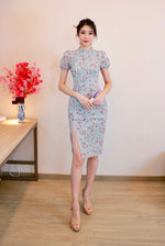 Floral Embroidery Pearl Oriental Midi Dress WHITE/ POWDER BLUE (S ONLY)