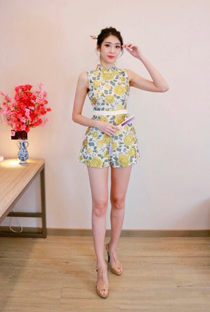 Roses Embroidery Oriental Romper LIGHT VIOLET/ YELLOW (L ONLY)