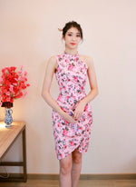 Halter Design Pleats Oriental Dress WHITE FLORAL/ PINK FLORAL (S-L)