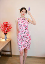 Halter Design Pleats Oriental Dress WHITE FLORAL/ PINK FLORAL (S-L)