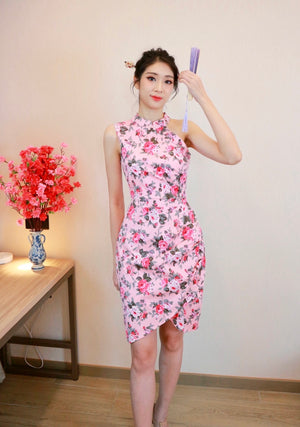 Halter Design Pleats Oriental Dress WHITE FLORAL/ PINK FLORAL (S-L)