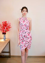 Halter Design Pleats Oriental Dress WHITE FLORAL/ PINK FLORAL (S-L)