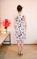 Halter Design Pleats Oriental Dress WHITE FLORAL/ PINK FLORAL (S-L)