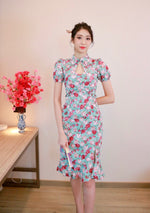 Sweetheart Floral Embroidery Oriental Mermaid Dress BEIGE WHITE/ POWDER BLUE (S-L)
