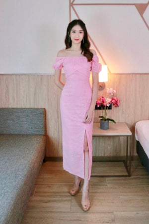 Elastic Sleeve Eyelet 2 Way Maxi Dress PINK (SM)