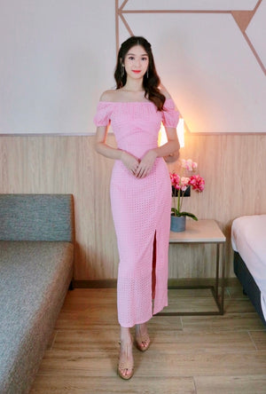 Elastic Sleeve Eyelet 2 Way Maxi Dress PINK (SM)