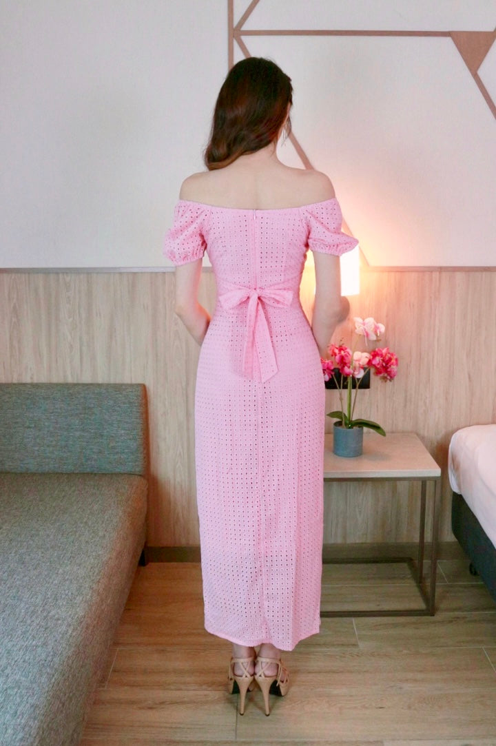 Elastic Sleeve Eyelet 2 Way Maxi Dress PINK (SM)