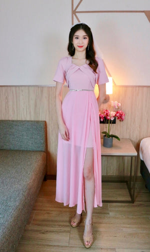 Diamond Neck Design Maxi Gown WHITE/ PINK (S, L)