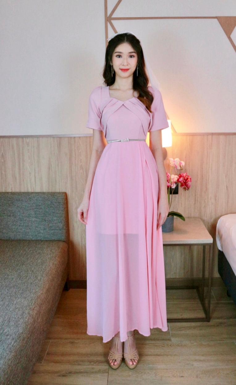Diamond Neck Design Maxi Gown WHITE/ PINK (S, L)