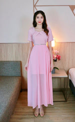 Diamond Neck Design Maxi Gown WHITE/ PINK (S, L)