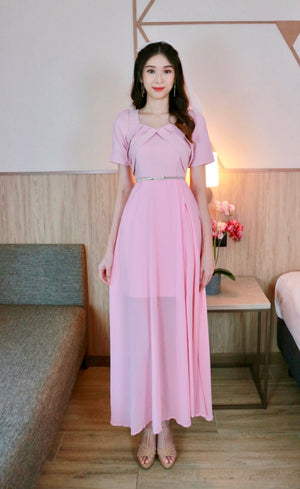 Diamond Neck Design Maxi Gown WHITE/ PINK (S, L)