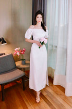 Puffy Sleeve Cold Shoulder Pleats Maxi Gown WHITE/ PINK (S-XL)