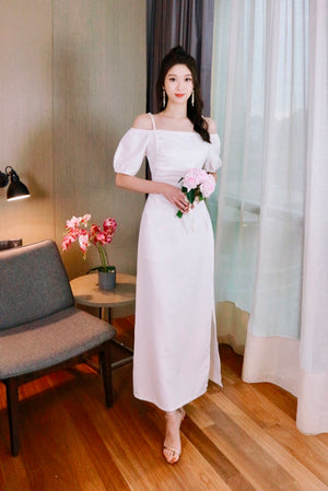 Puffy Sleeve Cold Shoulder Pleats Maxi Gown WHITE/ PINK (S-XL)