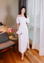 Puffy Sleeve Cold Shoulder Pleats Maxi Gown WHITE/ PINK (S-XL)