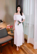 Puffy Sleeve Cold Shoulder Pleats Maxi Gown WHITE/ PINK (S-XL)