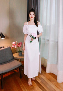 Puffy Sleeve Cold Shoulder Pleats Maxi Gown WHITE/ PINK (S-XL)