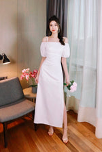 Puffy Sleeve Cold Shoulder Pleats Maxi Gown WHITE/ PINK (S-XL)