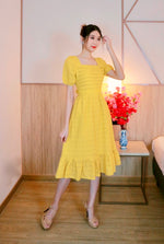 Square Neck Pleats Eyelet Flare Dress YELLOW/ CHERRY RED (S ONLY)